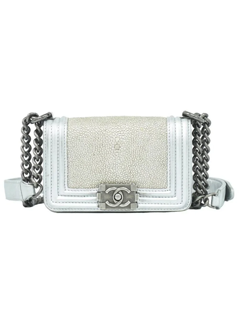 Chanel Boy CC Logo Chain Shoulder Bag Pochette Garu Sha Leather Metallic Silver